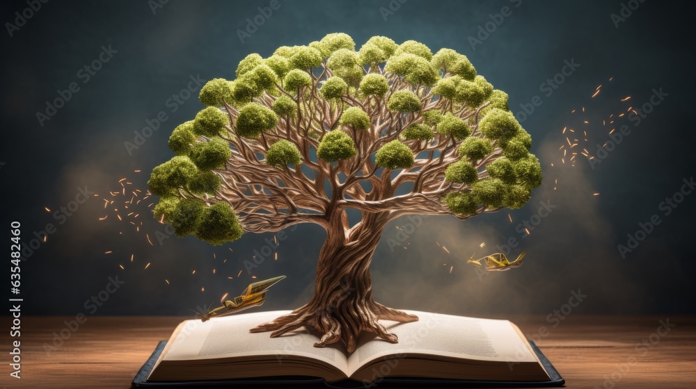 Poster concept art of a human brain exploding with knowledge and creativity from inside book. brain tree. g