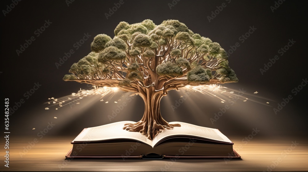 Poster concept art of a human brain exploding with knowledge and creativity from inside book. brain tree. g