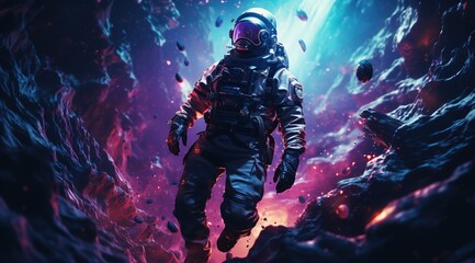 Obraz na płótnie Canvas Astronaut on rock surface with space background ,astronaut walk on the moon wear cosmosuit. future concept, Astronaut on foreign planet in front of spacetime portal .