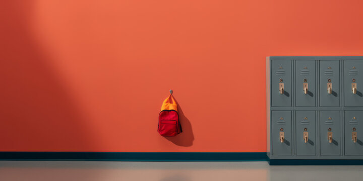 A red school bag hanging on a wall near some lockers. Minimalist with striking vivid red colour. Back to school, classroom environment. Students and teachers.