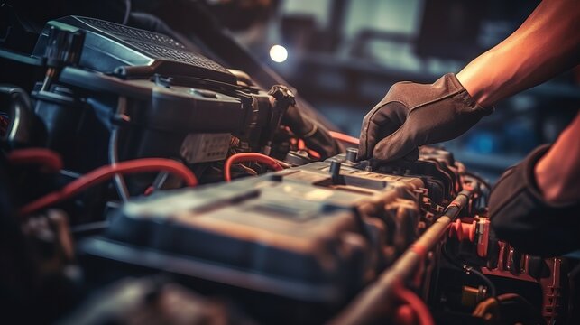 Technician Hands of car mechanic working repair in auto repair Service electric battery and Maintenance of car battery. AI generative.