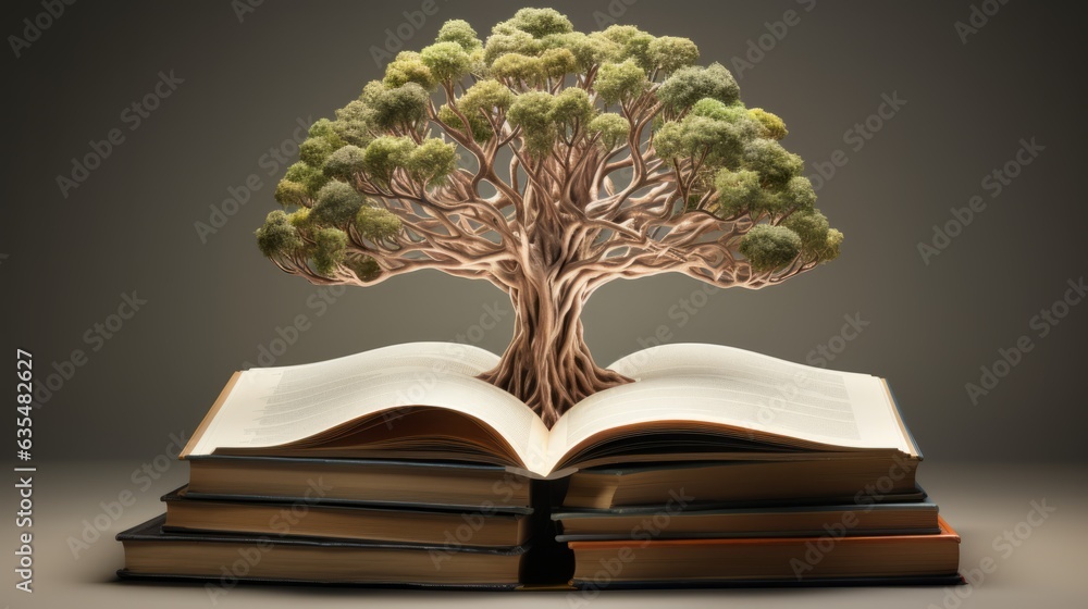 Poster concept art of a human brain exploding with knowledge and creativity from inside book. brain tree. g