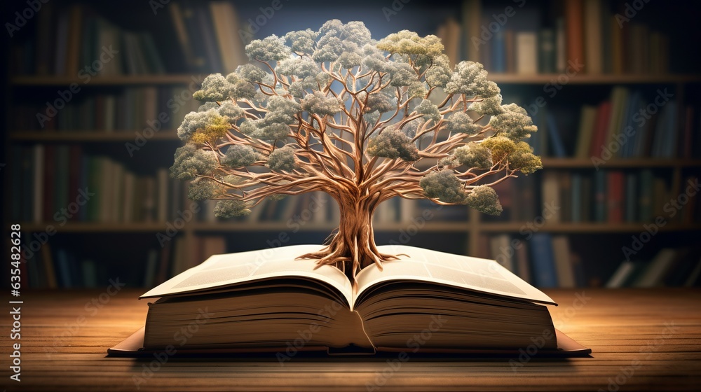 Poster concept art of a human brain exploding with knowledge and creativity from inside book. brain tree. g