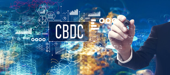 CBDC - Central Bank Digital Currency Concept with businessman in a bokeh neon light trails city night background - Powered by Adobe