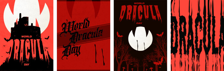 World Dracula Day Poster Set. Minimalist Vampire bite with dripping blood, Dracula typographic design, silhouette of Dracula's castle and moon with vampire fangs. Vector Illustration. - obrazy, fototapety, plakaty