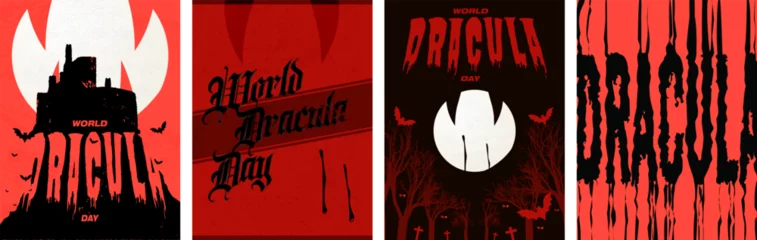 Foto op Canvas World Dracula Day Poster Set. Minimalist Vampire bite with dripping blood, Dracula typographic design, silhouette of Dracula's castle and moon with vampire fangs. Vector Illustration. © Ja Creatives