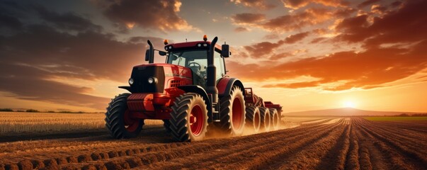 Tractor driving across large field making special beds for sowing seeds into purified soil. Agricultural vehicle works in the countryside. AI generative.