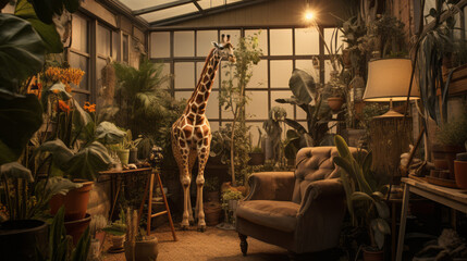 A giraffe standing awkwardly in a room. Feeling out of place and socially awkward. Advertising and marketing concept. Strange situation.