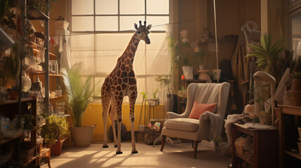 A giraffe standing in a room with light streaming through the window. A surreal, bizarre, odd and...