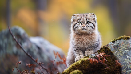 Naklejka na ściany i meble Central Asian manul cat, pallas's cat, in harmony with nature