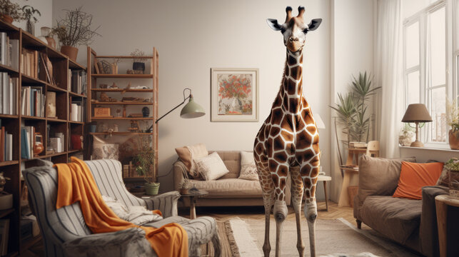 A giraffe standing in a living room beside a bookcase. A surreal, bizarre, odd and strange scene. Concept for marketing and advertising. Downsizing or upsizing house due to not enough space.
