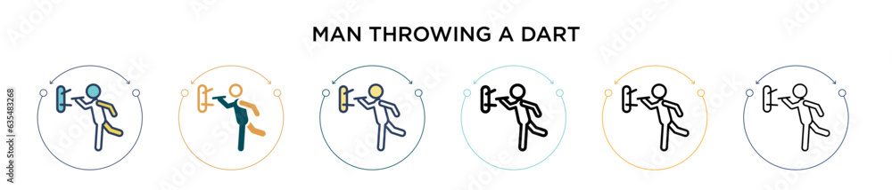 Poster man throwing a dart icon in filled, thin line, outline and stroke style. vector illustration of two 