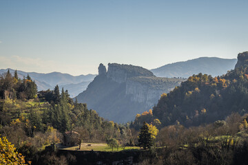Scenic landscape around the village of Rupit in Spain, green hills and mountains 