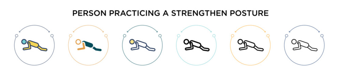 Person practicing a strengthen posture icon in filled, thin line, outline and stroke style. Vector illustration of two colored and black person practicing a strengthen posture vector icons designs can