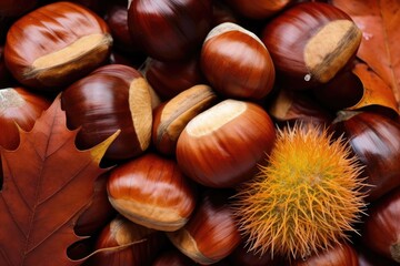 Ripe chestnuts close up. Raw Chestnuts for Christmas