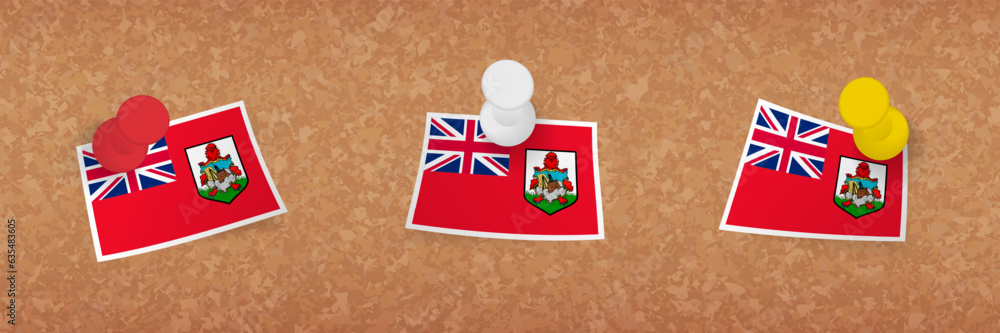 Wall mural Bermuda flag pinned in cork board, three versions of Bermuda flag.