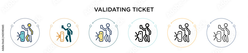 Poster validating ticket icon in filled, thin line, outline and stroke style. vector illustration of two co