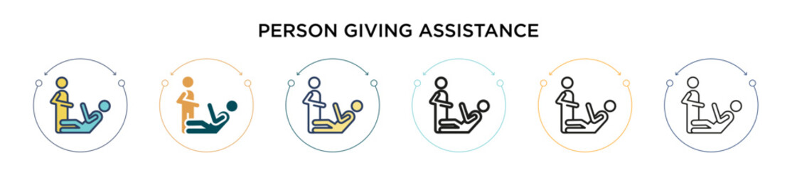 Person giving assistance icon in filled, thin line, outline and stroke style. Vector illustration of two colored and black person giving assistance vector icons designs can be used for mobile, ui, web