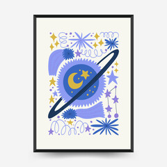 Abstract space and cosmos posters template. Modern trendy Matisse minimal style. Astronomy and Stellar decor. Hand drawn design for wallpaper, wall decor, print, postcard, cover, template, banner
