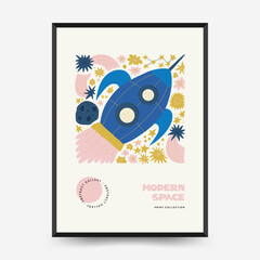 Abstract space and cosmos posters template. Modern trendy Matisse minimal style. Astronomy and Stellar decor. Hand drawn design for wallpaper, wall decor, print, postcard, cover, template, banner
