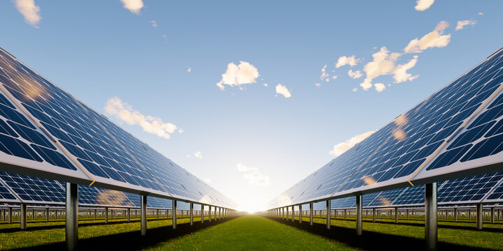 3d rendering of solar farm, field or solar power plant consist of photovoltaic cell in panel, landscape. Industry and technology for electric, electricity generation. Clean green power energy.
