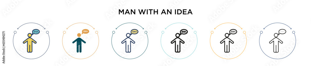 Poster man with an idea icon in filled, thin line, outline and stroke style. vector illustration of two col