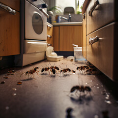 a kitchen with small sugar ants on the floor