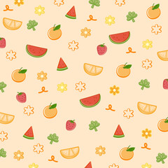 Watermelon, orange, strawberry, lemon on pastel orange background for summer wallpaper, fruity pattern, backdrop, fabric print, vegan, picnic blanket, pyjamas, gift wrap, packaging, kid clothes, apron