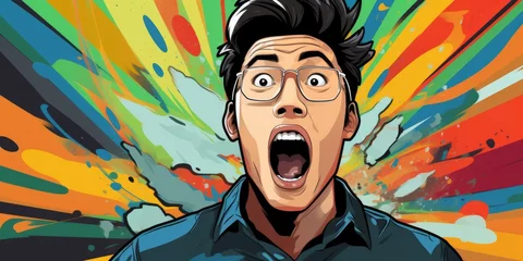 Foto op Plexiglas energetic asian man shouts amid vibrant pop art chaos, Generative AI © avrezn