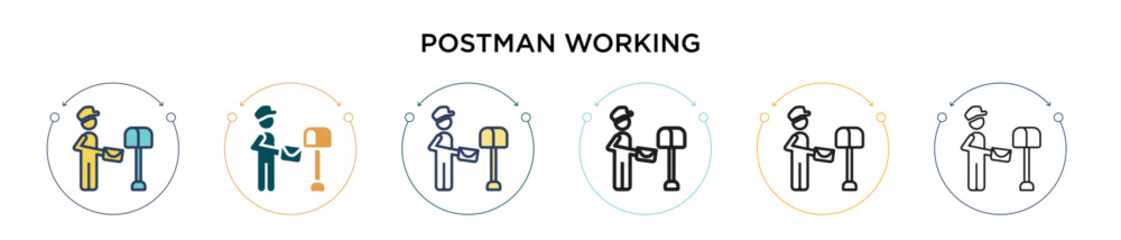 Postman working icon in filled, thin line, outline and stroke style. Vector illustration of two colored and black postman working vector icons designs can be used for mobile, ui, web