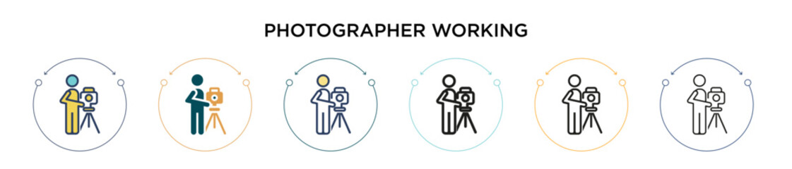 Photographer working icon in filled, thin line, outline and stroke style. Vector illustration of two colored and black photographer working vector icons designs can be used for mobile, ui, web