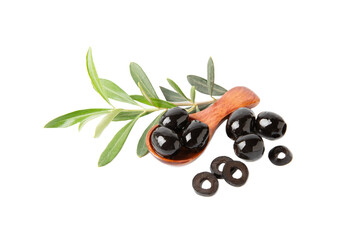 Tasty black olives in a wooden spoon with leaves isolated on white background. Vegan. Design.