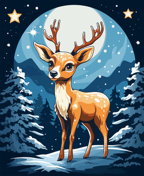 Christmas children coloring book page with A reindeer  lighting up the night sky. 