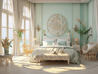 Bright modern Bohemian bedroom. Created with Generative AI technology