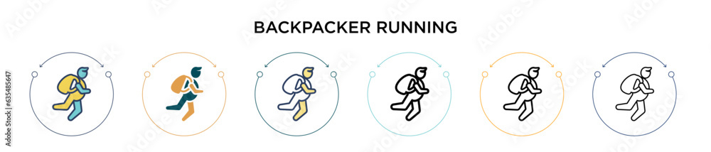 Poster backpacker running icon in filled, thin line, outline and stroke style. vector illustration of two c