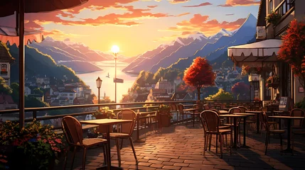 Fotobehang outdoor restaurant and cafe with seating tables outside with beautiful mountains and lake views  Colorful Lofi anime style cute relaxing happy vibe © M