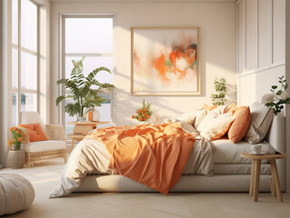 Bright modern Bohemian bedroom. Created with Generative AI technology