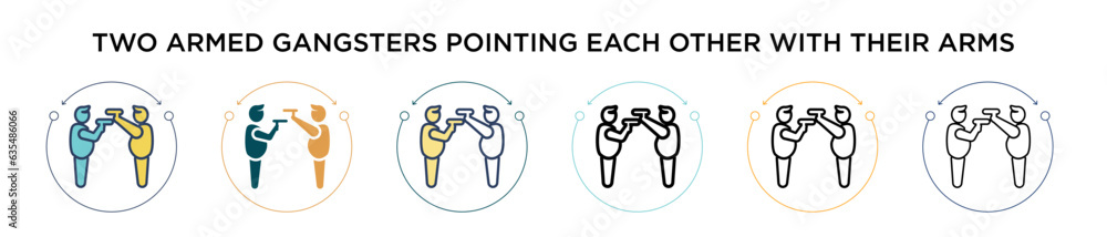 Poster two armed gangsters pointing each other with their arms icon in filled, thin line, outline and strok
