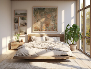 Bright modern Bohemian bedroom. Created with Generative AI technology