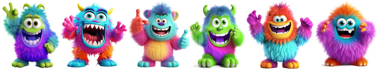Colorful furry and cute monster dancing and waving 3D render character cartoon style Isolated on transparent background