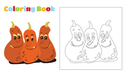 Coloring for children and adults. Three pumpkins among the branches. Pumpkins have faces, eyes, and mouths. Halloween character design.