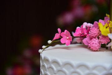 white fondant cake, party cake, birthday cake, white cake, fondant cake, closeup on flowers on...