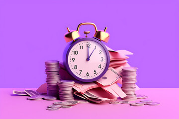 a clock and stacks of money on a purple background