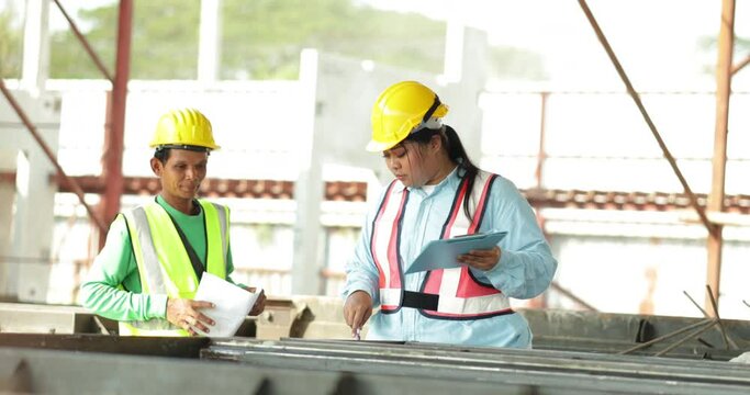 Specialists engineering female and construction asian man worker working at Prefabricated concrete walls factory. Safety hard hat helmet