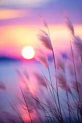 Fotobehang Little grass stem close-up with sunset over calm sea, sun going down over horizon. Pink and purple pastel watercolor soft tones. Beautiful nature background. © artem
