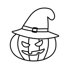 Doodle illustration of a cute cartoon carved Halloween pumpkin lantern with happy smile and pointed witch hat