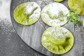 green ravioli green dough  spinach, basil vegetable food meal food snack on the table copy space...