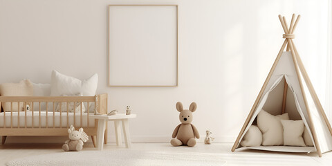 Baby Room Stock, Cozy and minimalist baby39s room with a white crib and a cuddly teddy bear, Corner of baby`s room with a crib, generative Ai
