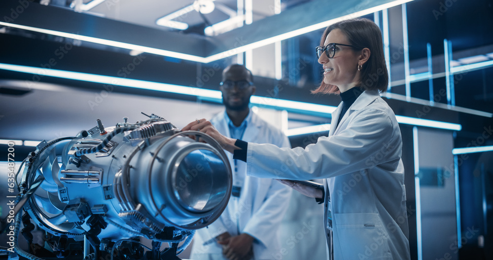 Poster Young Group of Engineers Collaborate on a New Type of a Gas Turbine Engine. Female Project Leader Holding a Tablet Computer and Explaining the Innovative Technology in Scientific Technology Lab