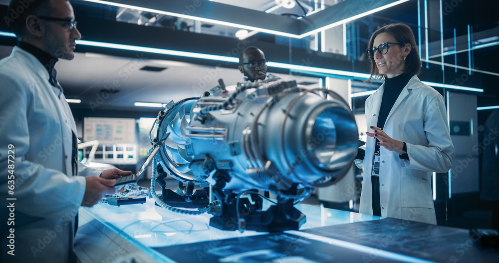Poster Young Team of Engineers Collaborate on a New Type of a Jet Turbine Engine. Female Project Leader Using a Tablet Computer and Explaining the Innovative Technology in Scientific Technology Factory